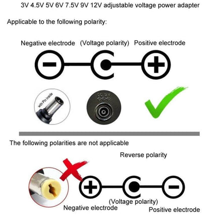 Adjustable DC Power Adapter with International Plugs showing voltage options, correct polarity diagram and incompatible reverse polarity warning
