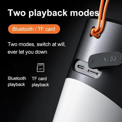 Bluetooth Speaker With Ambient Mood Lighting For Home Use showing playback modes Bluetooth and TF card slot with strap
