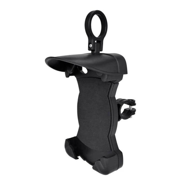 Motorcycle Sunshade Phone Holder With USB Charging — rugged black motorcycle mount with sunshade and 4-claw grip, built-in USB charging, PP + iron base