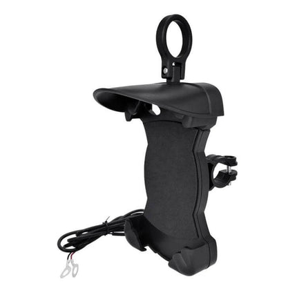 Motorcycle Sunshade Phone Holder With USB Charging — rugged black sunshade mount with 4-claw grip and USB wiring for bike navigation