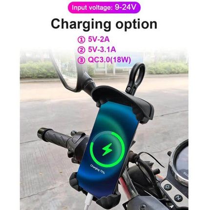 Motorcycle Sunshade Phone Holder With USB Charging mounted on motorcycle showing phone charging options and 9–24V input