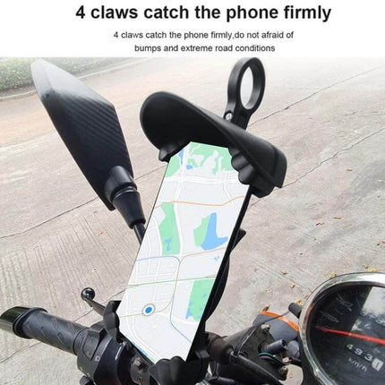 Motorcycle Sunshade Phone Holder With USB Charging mounted on bike handlebar showing 4-claw grip and sunshade protecting smartphone for navigation