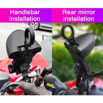 Motorcycle Sunshade Phone Holder With USB Charging mounted on handlebar and rear mirror showing 4-claw grip and USB charging port