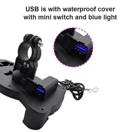 Motorcycle Sunshade Phone Holder With USB Charging showing waterproof USB cover, mini switch and blue light on rugged bike mount
