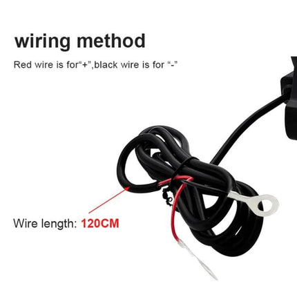 Motorcycle Sunshade Phone Holder With USB Charging showing 120CM wiring harness with red (+) and black (-) wires and ring terminal