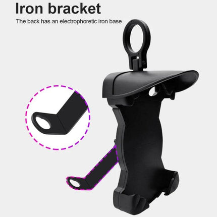 Motorcycle Sunshade Phone Holder With USB Charging showing iron bracket, sunshade top and 4-claw secure grip for phone on bike