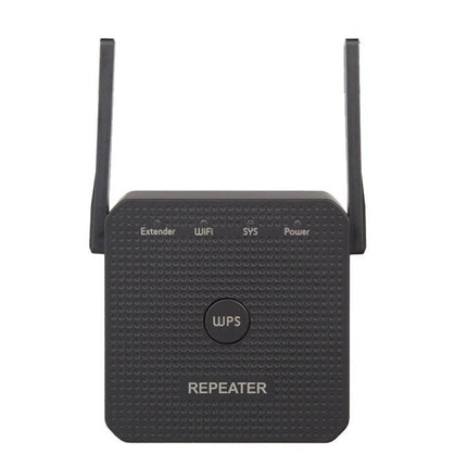 WiFi Signal Extender for Home Coverage and Wired Port Option - black repeater with dual antennas for eliminating dead zones and wired connections