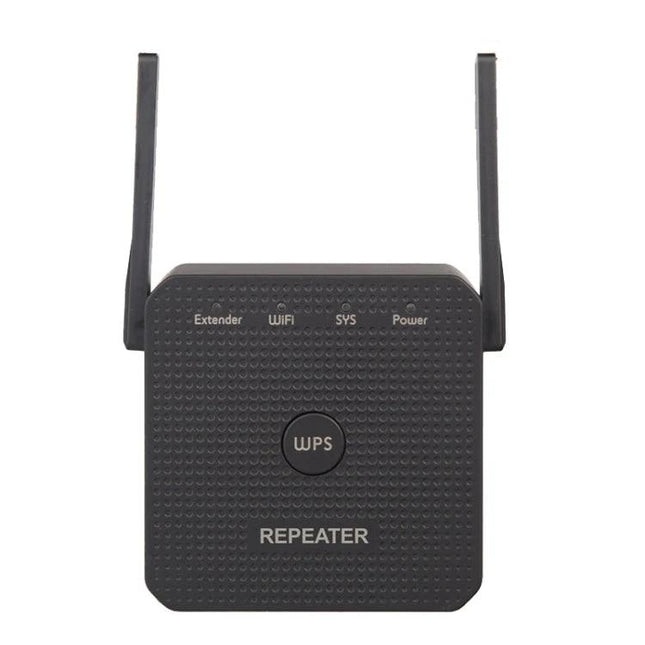 WiFi Signal Extender for Home Coverage and Wired Port Option - black repeater with dual antennas for eliminating dead zones and wired connections