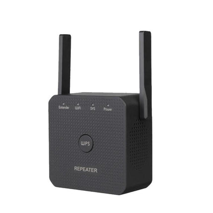 WiFi Signal Extender for Home Coverage and Wired Port Option compact black wall-plug repeater with dual antennas and WPS button