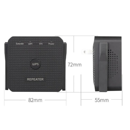 WiFi Signal Extender for Home Coverage and Wired Port Option - compact black wall-plug repeater 82x72x55mm with WPS button for eliminating dead zones