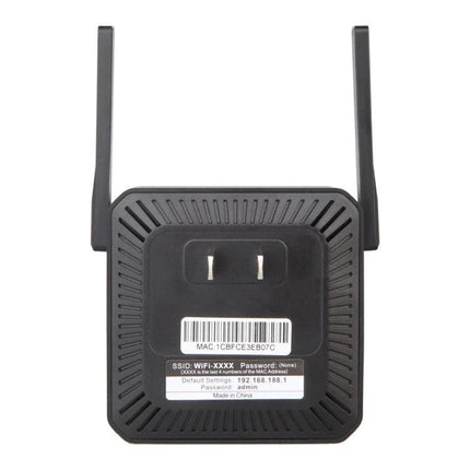 WiFi Signal Extender for Home Coverage and Wired Port Option black plug-in extender with dual antennas and label showing SSID and MAC