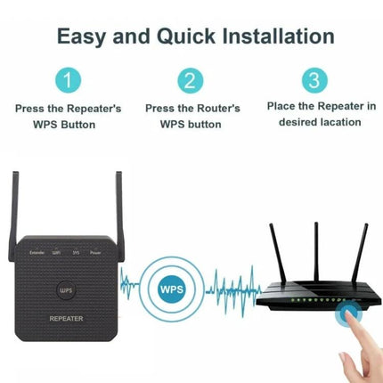 WiFi Signal Extender for Home Coverage and Wired Port Option showing easy WPS setup between repeater and router to eliminate dead zones