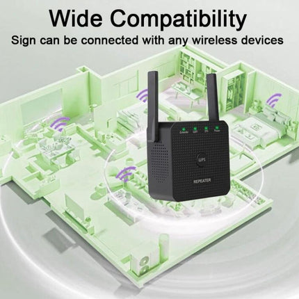 WiFi Signal Extender for Home Coverage and Wired Port Option showing device in a home floorplan eliminating dead zones