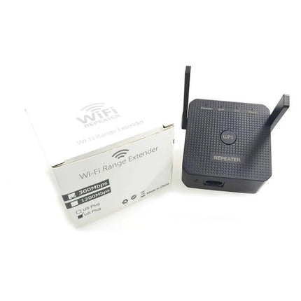 WiFi Signal Extender for Home Coverage and Wired Port Option black repeater device next to product box