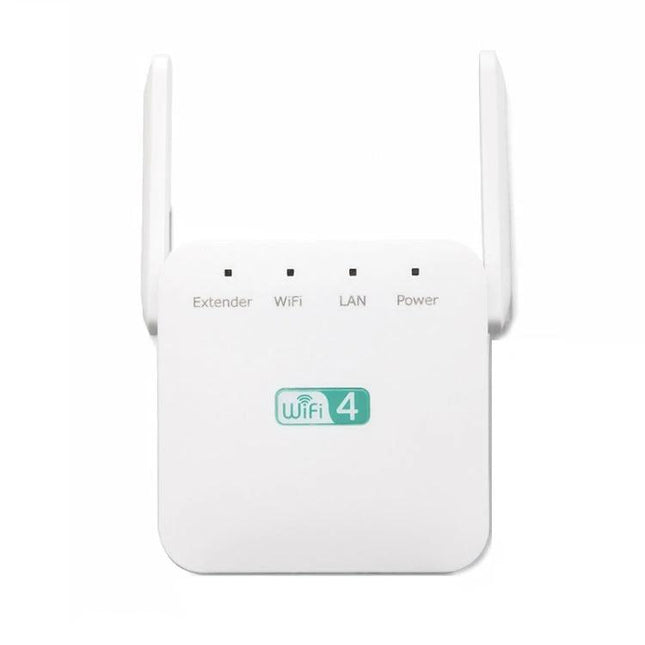 Wireless Wi-Fi Range Extender for Home Signal Expansion - compact white WiFi 4 extender with dual antennas, LAN port and power indicators