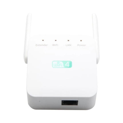 Wireless Wi-Fi Range Extender for Home Signal Expansion - compact white dual-antenna WiFi extender with LAN port and status LEDs