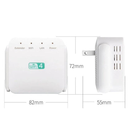 Wireless Wi-Fi Range Extender for Home Signal Expansion white compact plug-in unit with LED indicators and dimensions 82x72x55mm