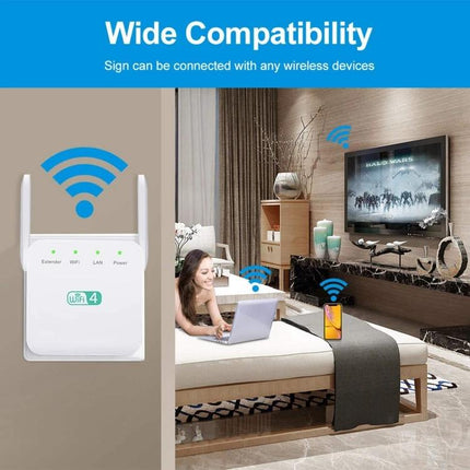 Wireless Wi‑Fi Range Extender for Home Signal Expansion showing device plugged into wall boosting WiFi to laptop phone and smart TV