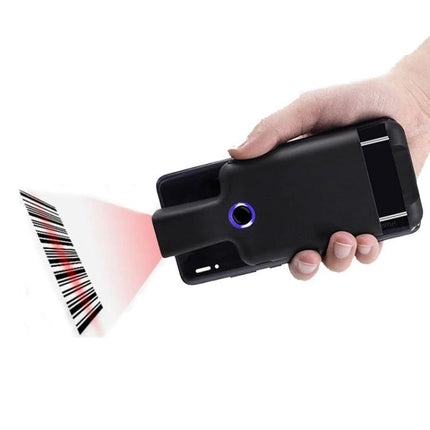 Wireless Back Clip Barcode Scanner for Mobile Phones held on phone scanning barcode for inventory and retail