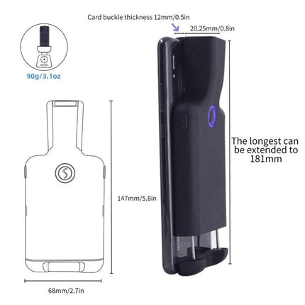 Wireless Back Clip Barcode Scanner for Mobile Phones attached to phone showing dimensions and extendable clip