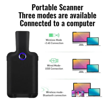 Wireless Back Clip Barcode Scanner for Mobile Phones shown in black with three connection modes (2.4G wireless, USB wired, Bluetooth) for phones and computers