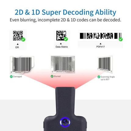 Wireless Back Clip Barcode Scanner for Mobile Phones shown decoding 2D QR, Data Matrix, PDF417 and damaged/blurred 1D barcodes