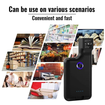 Wireless Back Clip Barcode Scanner for Mobile Phones shown clipped to phone with retail, warehouse, and logistics uses