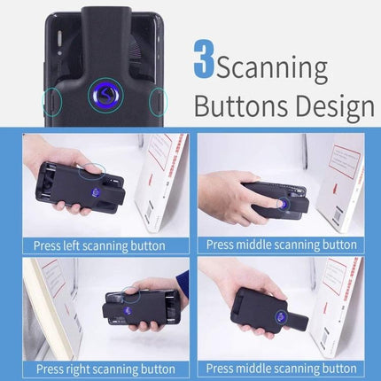 Wireless Back Clip Barcode Scanner for Mobile Phones attached to phone showing three scanning buttons and hands pressing left middle right buttons