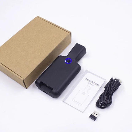 Wireless Back Clip Barcode Scanner for Mobile Phones with USB dongle, charging cable and manual shown