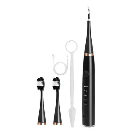 Alt Tag: Electric Dental Scaler Replacement Heads White 5 Pack For At Home Cleaning replacement set shown with black ultrasonic scaler and accessories