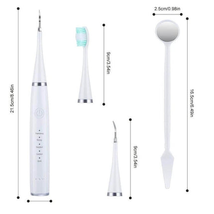 Electric Dental Scaler Replacement Heads White 5 Pack For At Home Cleaning - five white replacement ultrasonic scaler heads shown with handle and dental mirror