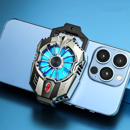 Phone Fan for Comfortable Daily Smartphone Use attached to phone with blue LED cooling fan and two-speed control for gaming and video