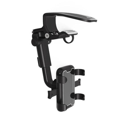 Car Sun Visor Clamp Phone Holder With Adjustable Rotating Mount shown in black with silicone pads and 360° rotating clamp for phones 68–94 mm