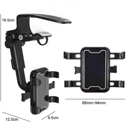 Car Sun Visor Clamp Phone Holder With Adjustable Rotating Mount showing clamp, adjustable arm and 68–94mm phone fit with silicone pads