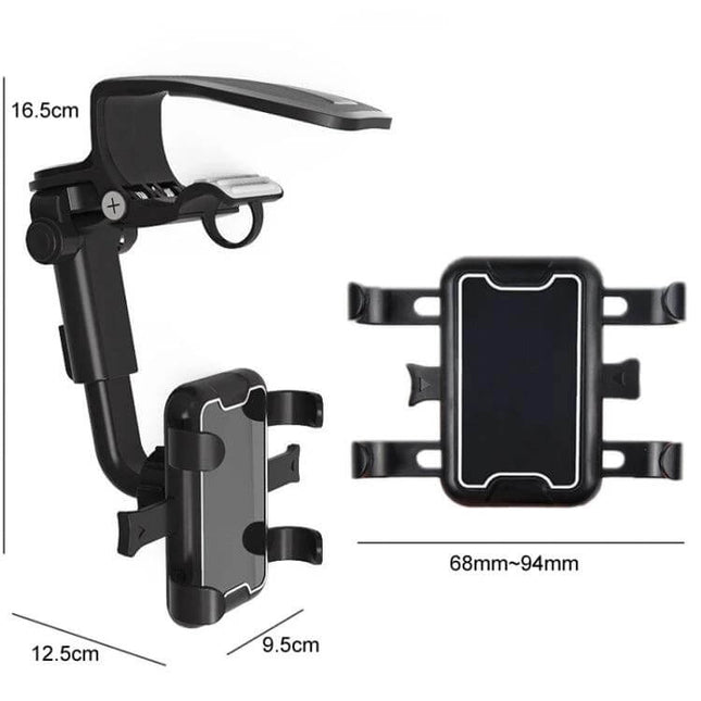 Car Sun Visor Clamp Phone Holder With Adjustable Rotating Mount showing clamp, adjustable arm and 68–94mm phone fit with silicone pads