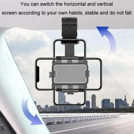 Car Sun Visor Clamp Phone Holder With Adjustable Rotating Mount showing a phone clamped in landscape and portrait positions on a car sun visor