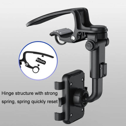 Car Sun Visor Clamp Phone Holder With Adjustable Rotating Mount showing ABS clamp, silicone pads, adjustable arm and 360° rotating joint