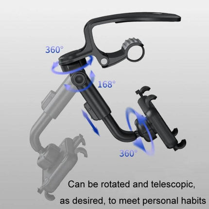 Car Sun Visor Clamp Phone Holder With Adjustable Rotating Mount showing 360° and 168° rotation, adjustable clamp and anti-slip silicone pads