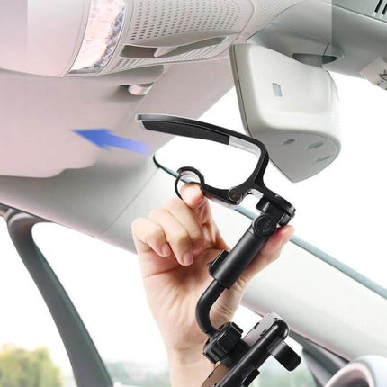 Car Sun Visor Clamp Phone Holder With Adjustable Rotating Mount securely clamped to visor showing 360° rotating arm and silicone anti-slip pads
