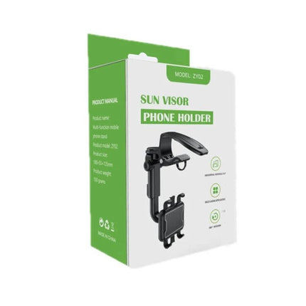Car Sun Visor Clamp Phone Holder With Adjustable Rotating Mount - black ABS clamp with silicone pads and 360° rotating arm shown on packaging