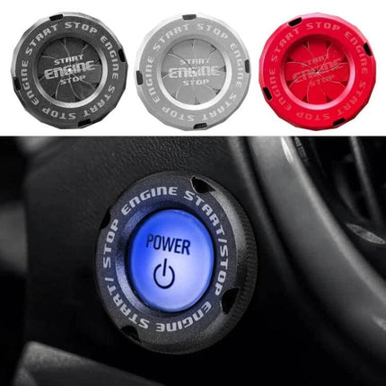 Start Button Protective Cover With Rotating Cap For Everyday Use installed on car dashboard, black cover with blue illuminated engine start button