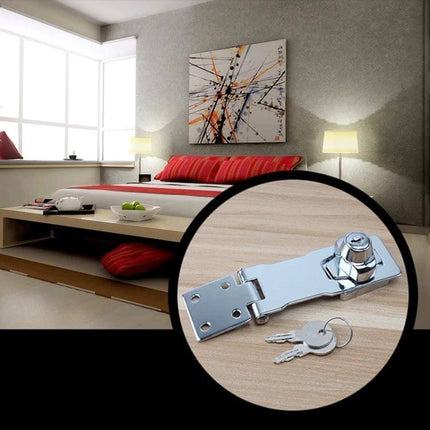No Hole Hook With Locking Hasp For Drawers 4 Inch Interlocking stainless steel twist-to-lock hasp shown on wooden drawer with keys