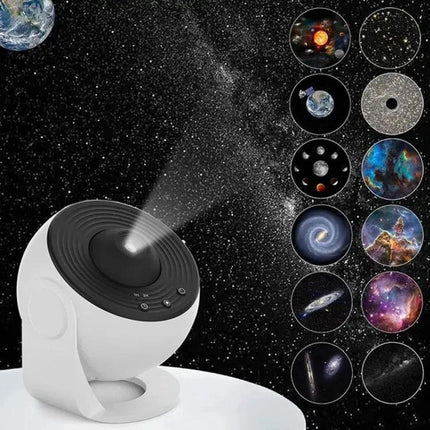 Starry Projector Lamp for Kids' Bedroom Evening Relaxation projecting galaxy scenes with 12 interchangeable film shells for bedtime calm