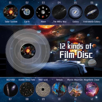 Starry Projector Lamp for Kids' Bedroom Evening Relaxation showing 12 interchangeable film discs projecting planets and galaxies