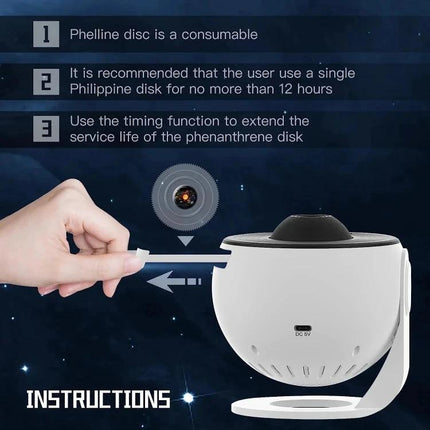 Starry Projector Lamp for Kids' Bedroom Evening Relaxation showing film shell insertion and instructions for use