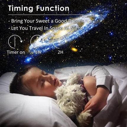 Starry Projector Lamp for Kids' Bedroom Evening Relaxation projecting galaxy on ceiling with child sleeping and timer function
