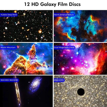 Starry Projector Lamp for Kids' Bedroom Evening Relaxation projecting 12 HD galaxy film discs showing colorful nebulae and star fields