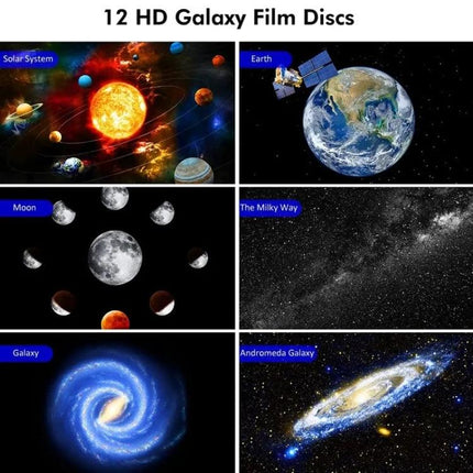 Starry Projector Lamp for Kids' Bedroom Evening Relaxation projecting 12 interchangeable HD galaxy film discs including Earth, Moon, Milky Way, Andromeda