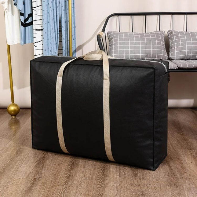 Extra Large Foldable Moving Storage Tote For Clothes - black non-woven fabric storage bag with beige handles and zip
