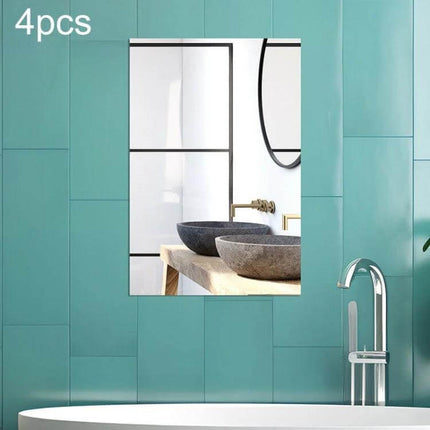 Set Of 4 Self Adhesive Right Angle Acrylic Mirror Wall Stickers mounted on teal bathroom wall reflecting sinks and faucet